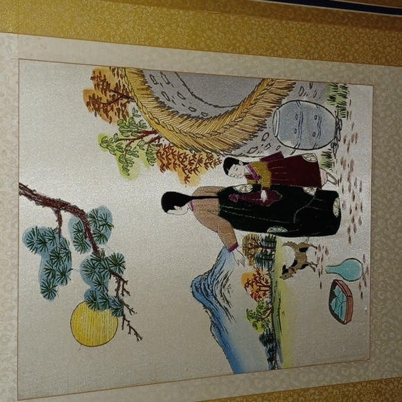Vintage Korean 2 Panel Screen/Room Divider Embroidered, Scenes 40"x17" ea panel - Picture 3 of 8